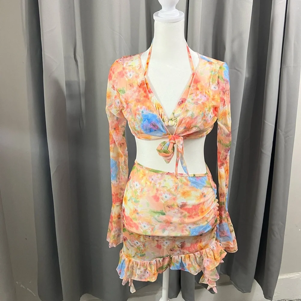 New 4 Piece Bikini Top Skirt Cover Up Tropical Pink Orange Yellow Cruise‎ Sz S
